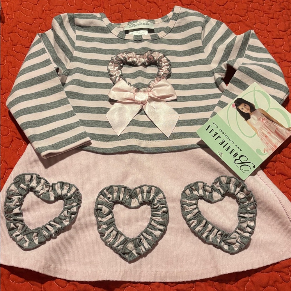 Bonnie Jean Pink and Gray Long Sleeve Top with Hearts and Bow